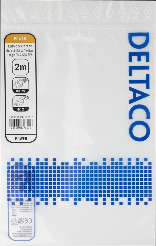 Deltaco apparatkabel - Rett CEE 7/7 til nedovervinklet C5, 2m - svart