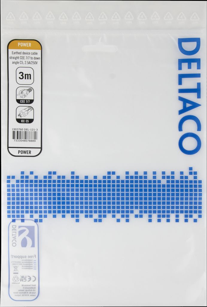 Deltaco apparatkabel - Rett CEE 7/7 til nedovervinklet C5, 3m - svart