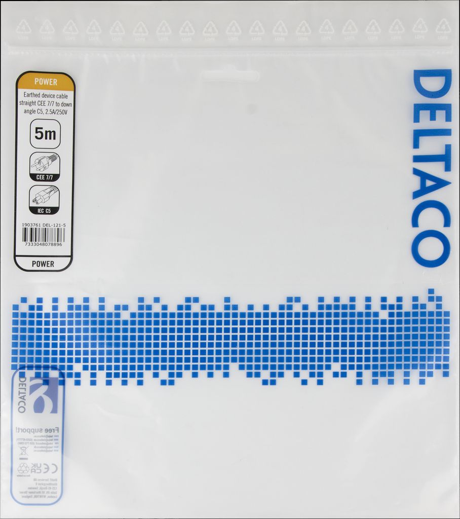 Deltaco apparatkabel - Rett CEE 7/7 til nedovervinklet C5, 5m - svart
