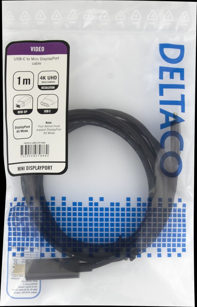 Deltaco USB-C till miniDisplayPort-kabel 4K UHD guldbelagd 1m – svart