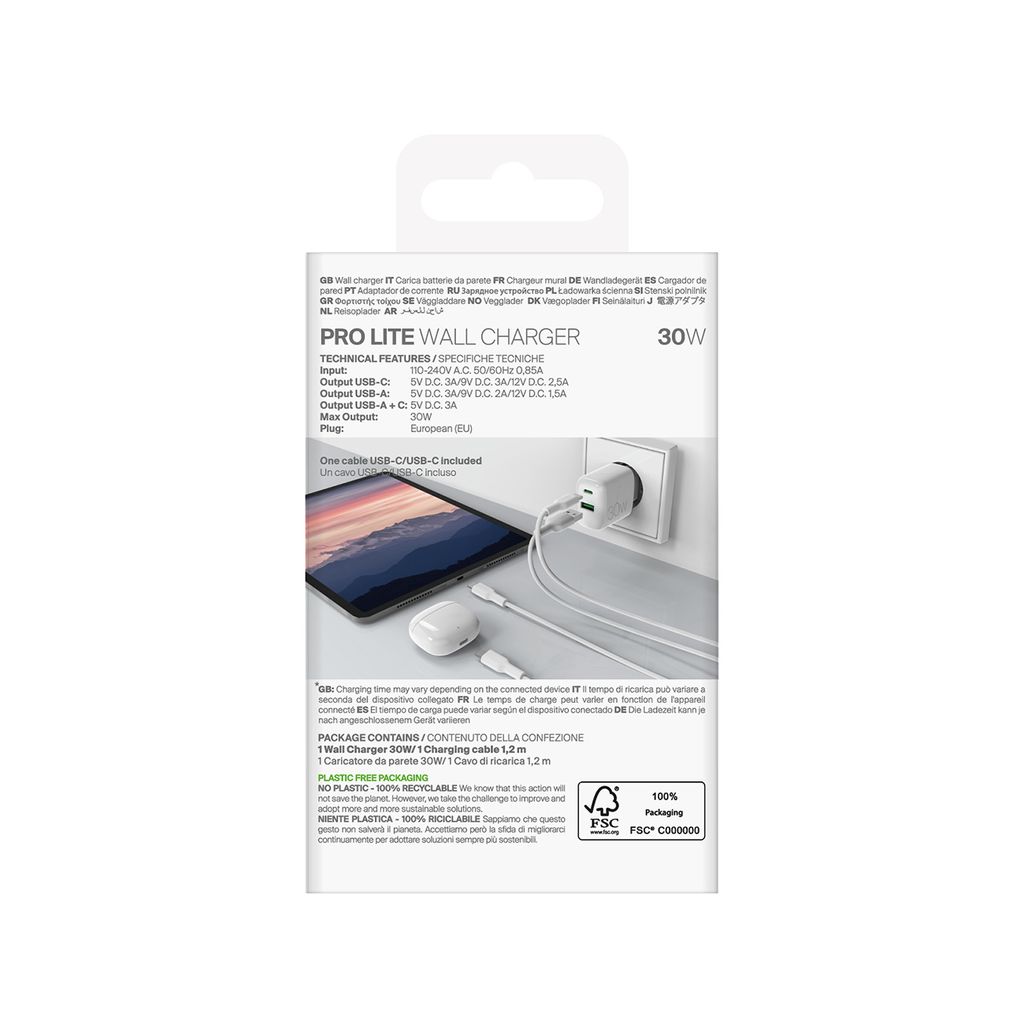 Puro PROLITE 30W USB-A / USB-C -seinälaturi + USB-C–USB-C-kaapeli 1,2 m, valkoinen