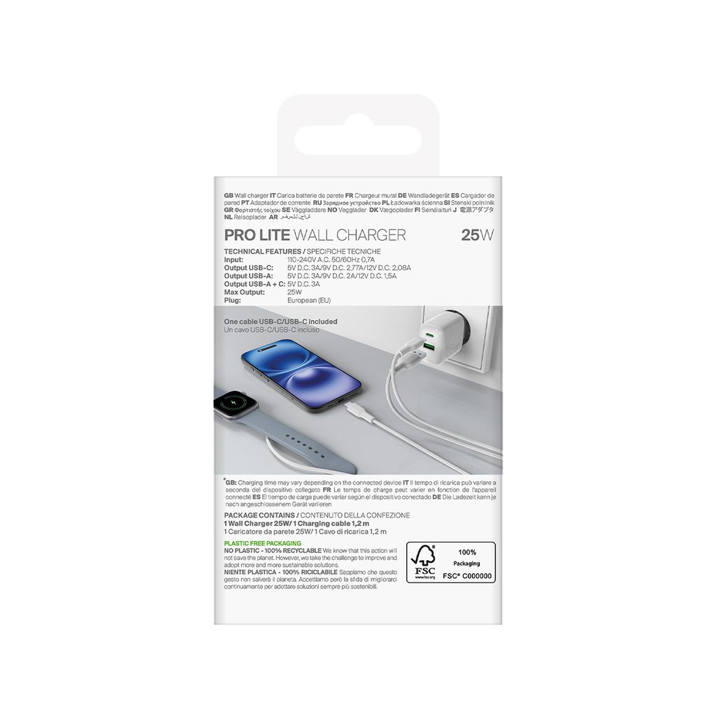 Puro PROLITE 25W USB-A / USB-C vegglader med USB-C kabel, hvit