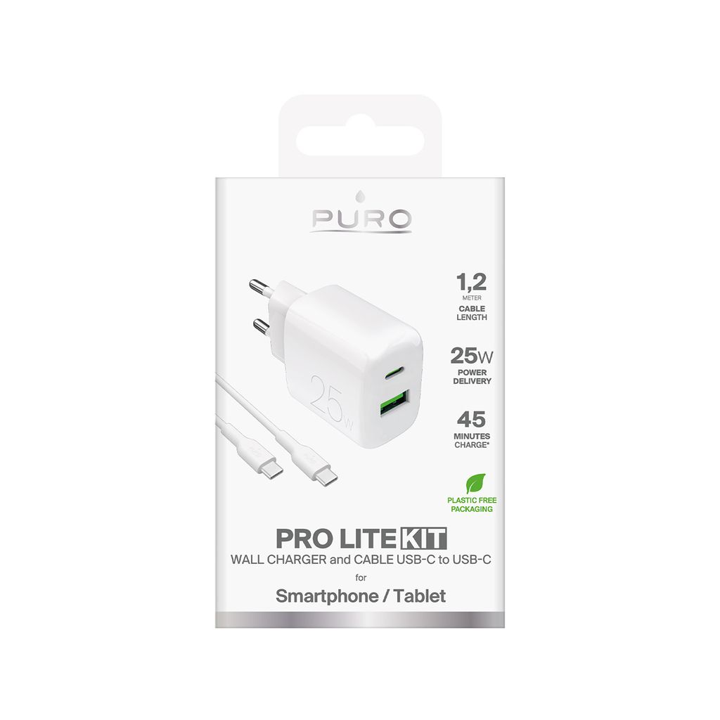 Puro PROLITE 25W USB-A / USB-C vegglader med USB-C kabel, hvit