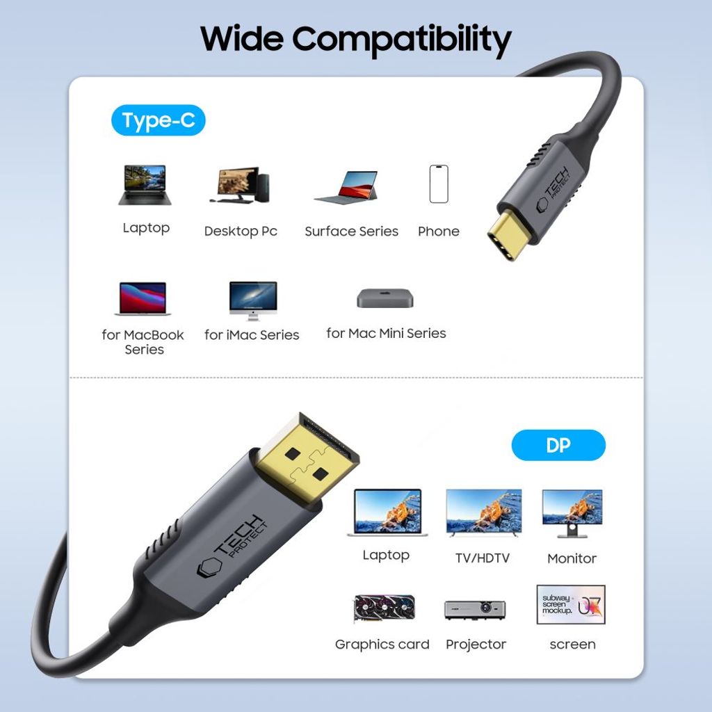 Tech-Protect UltraBoost USB-C - DisplayPort 1.4 -kaapeli 8K/60Hz 180cm - Musta