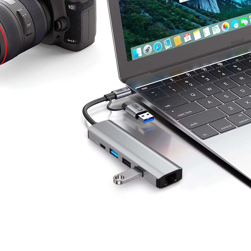 Tech-Protect HB03 HUB Adapter 5in1 USB-C + USB2.0 + USB3.0 + RJ45 - grå