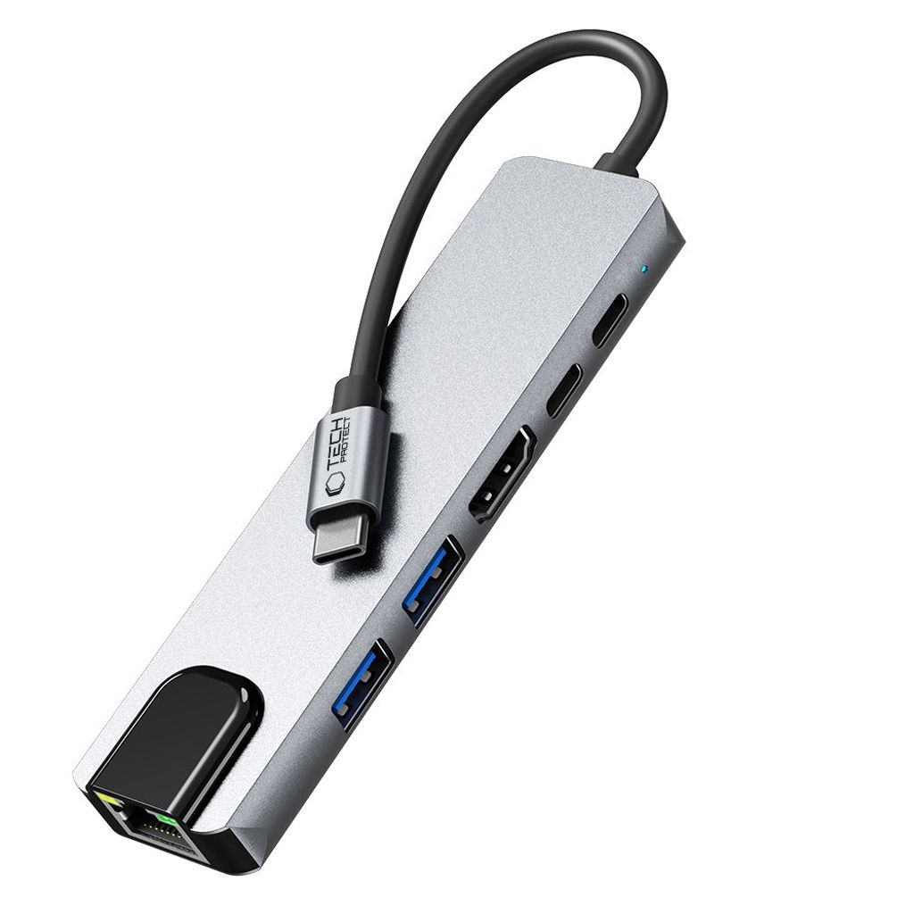 Tech-Protect HB02 HUB Adapter 6in1 USB-C + USB2.0 + USB3.0 + HDMI 4K 30Hz + RJ45 + PD100W – grå