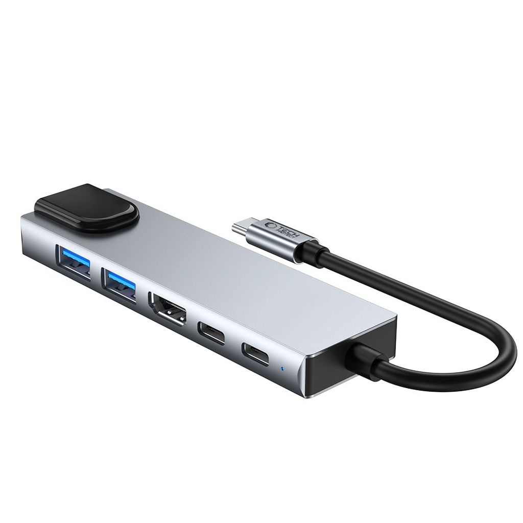 Tech-Protect HB02 HUB Adapter 6in1 USB-C + USB2.0 + USB3.0 + HDMI 4K 30Hz + RJ45 + PD100W – grå