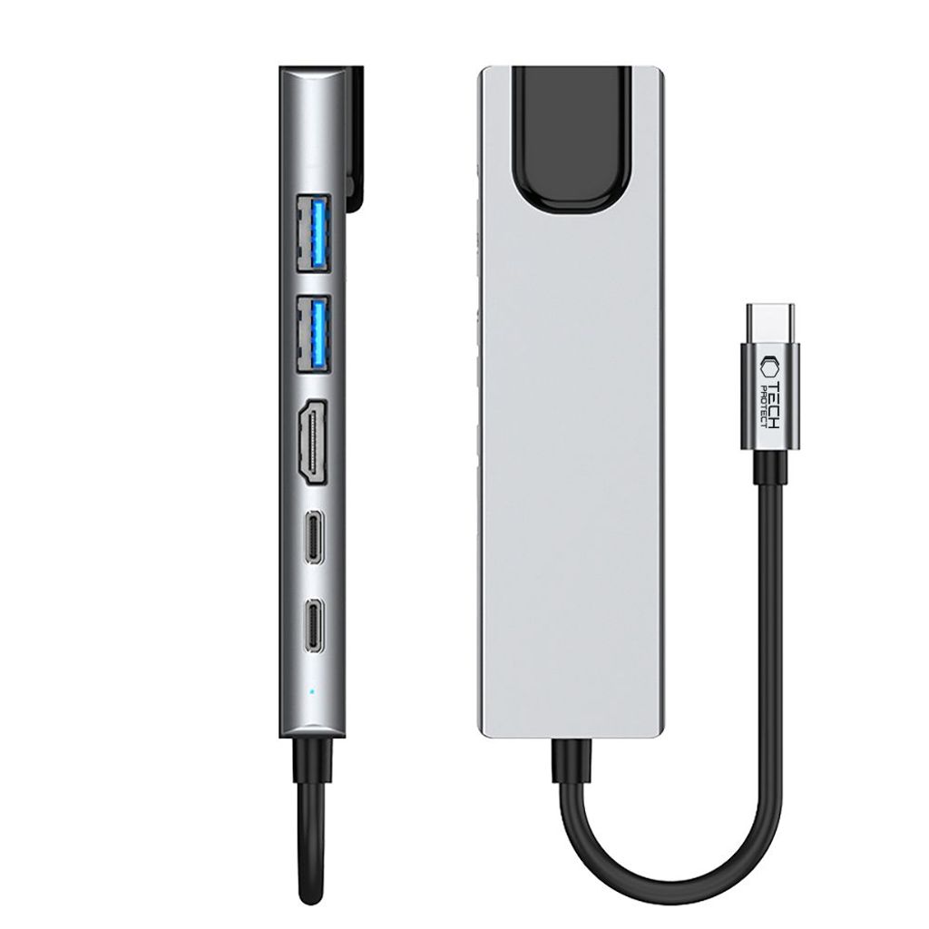 Tech-Protect HB02 HUB Adapter 6in1 USB-C + USB2.0 + USB3.0 + HDMI 4K 30Hz + RJ45 + PD100W – grå