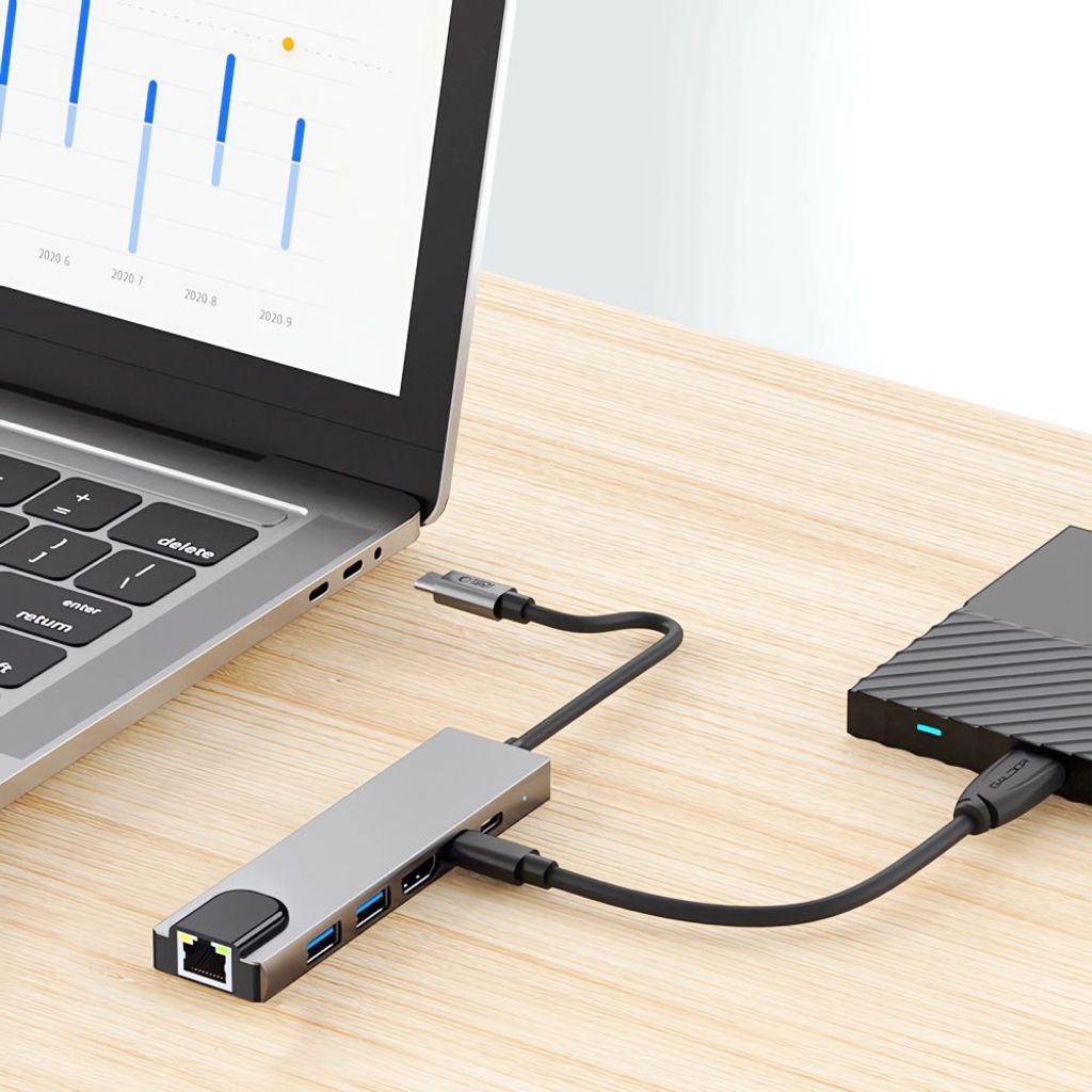 Tech-Protect HB02 HUB Adapter 6in1 USB-C + USB2.0 + USB3.0 + HDMI 4K 30Hz + RJ45 + PD100W – grå