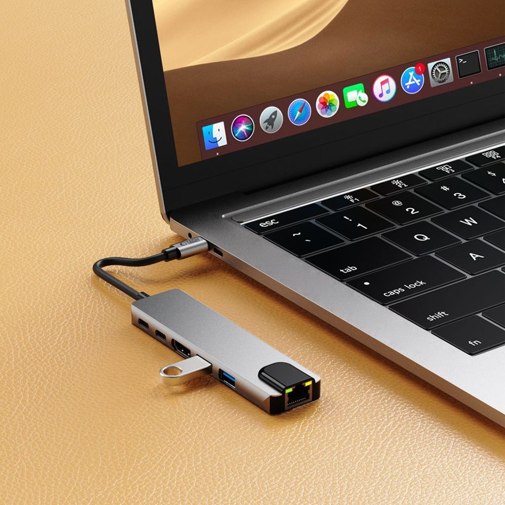 Tech-Protect HB02 HUB Adapter 6in1 USB-C + USB2.0 + USB3.0 + HDMI 4K 30Hz + RJ45 + PD100W – grå