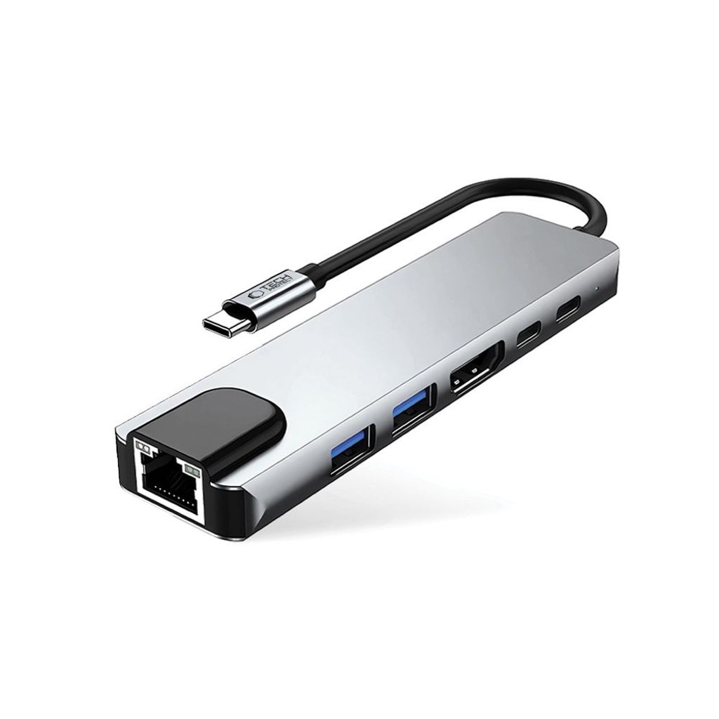 Tech-Protect HB02 HUB Adapter 6in1 USB-C + USB2.0 + USB3.0 + HDMI 4K 30Hz + RJ45 + PD100W – grå