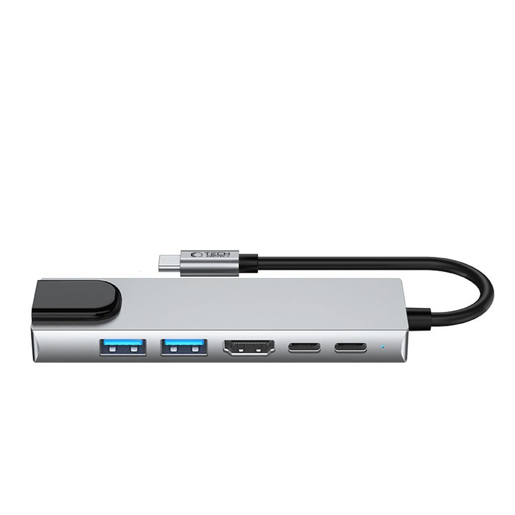 Tech-Protect HB02 HUB Adapter 6in1 USB-C + USB2.0 + USB3.0 + HDMI 4K 30Hz + RJ45 + PD100W – grå