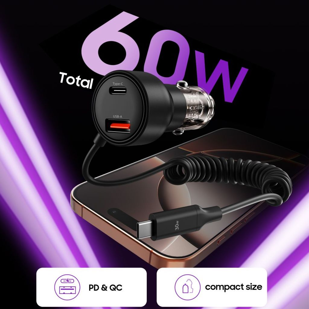 CC05 Car Charger 2-Port PD60W med USB-C-kabel – Sort