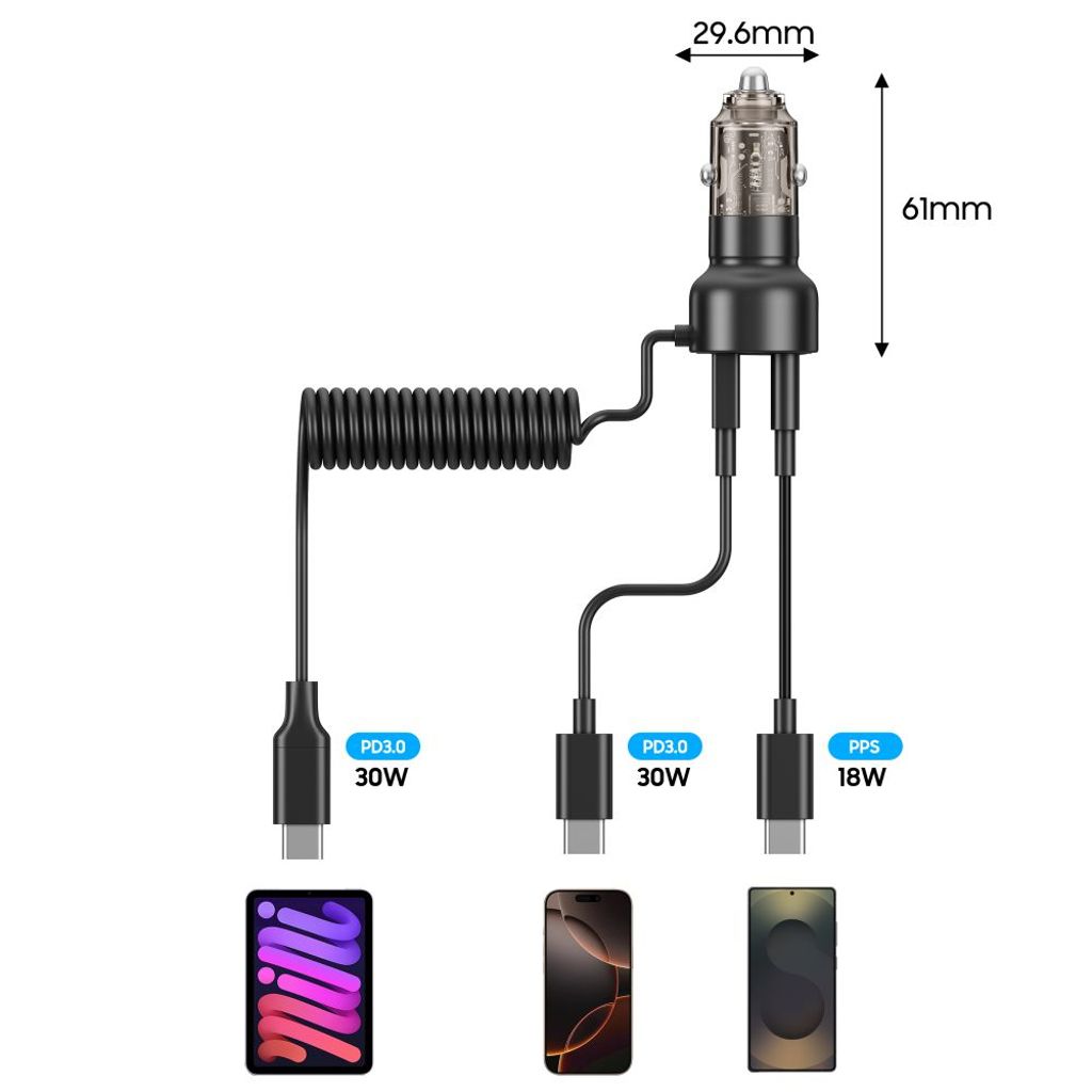 CC05 Car Charger 2-Port PD60W med USB-C-kabel – Sort