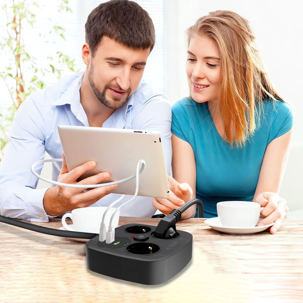 Tech-Protect PCS3X4 virtajohto, 3 pistorasiaa, USB-lataus – musta