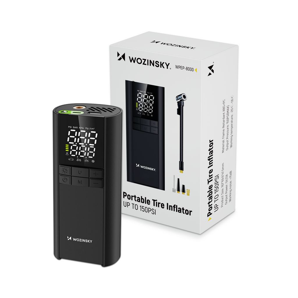 Wozinsky WPEP-8000 kompressor – elektrisk pumpe, powerbank og lygte – sort