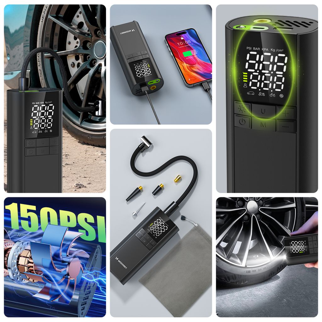 Wozinsky WPEP-8000 kompressor – elektrisk pumpe, powerbank og lygte – sort