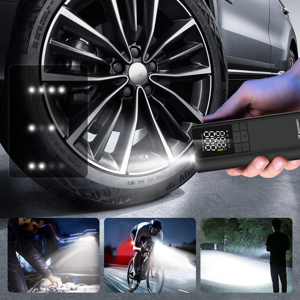 Wozinsky WPEP-8000 kompressor – elektrisk pumpe, powerbank og lygte – sort