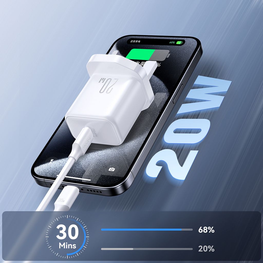 Joyroom USB-C vegglader 20W PD (UK-plugg) med 1 m USB-C-kabel – hvit