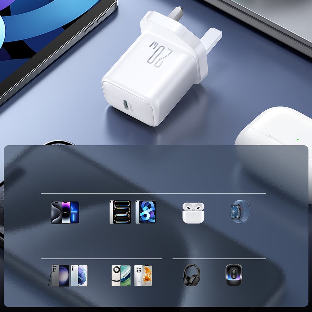 Joyroom USB-C vegglader 20W PD (UK-plugg) med 1 m USB-C-kabel – hvit