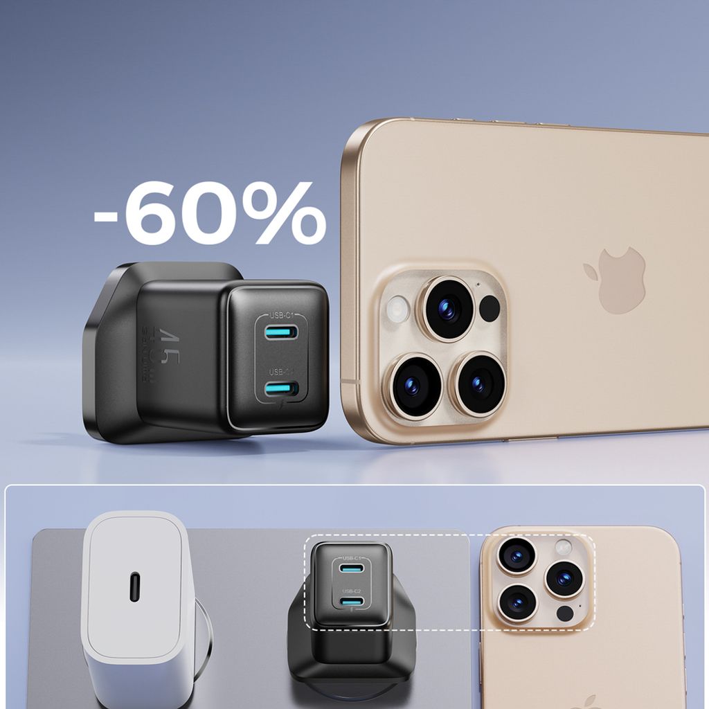 Joyroom 45W 2x USB-C vegglader (UK-plugg) – svart