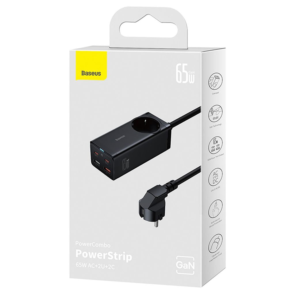 Baseus GaN3 Pro 65W laddstation med 2x USB-C/2x USB-A & USB-C kabel – Svart