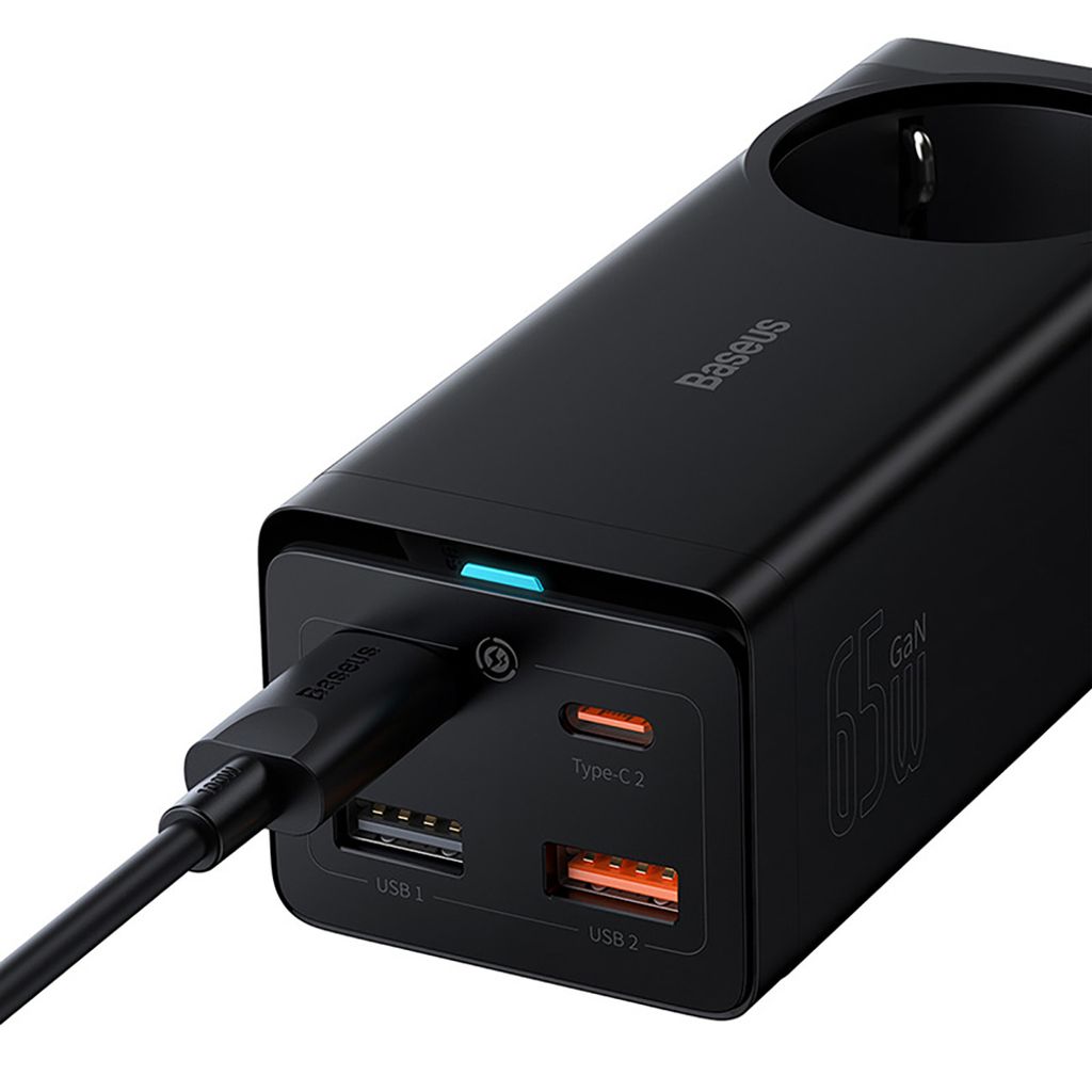 Baseus GaN3 Pro 65W laddstation med 2x USB-C/2x USB-A & USB-C kabel – Svart