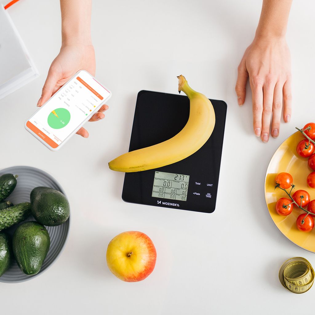 Wozinsky WIK-10 älykäs keittiövaaka digitaalisella näytöllä ja Bluetooth-sovelluksella - musta