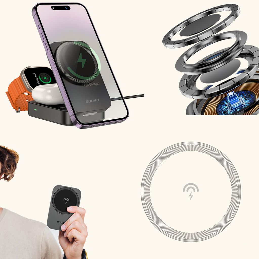 Dudao A11 Max 15W 3-i-1 induktiv laddstation MagSafe-kompatibel – grå