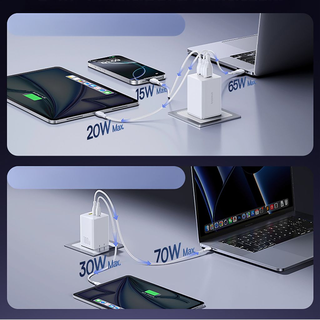 Baseus EnerFill FE11 Väggladdare 100W – 2 x USB-C / USB-A – Vit