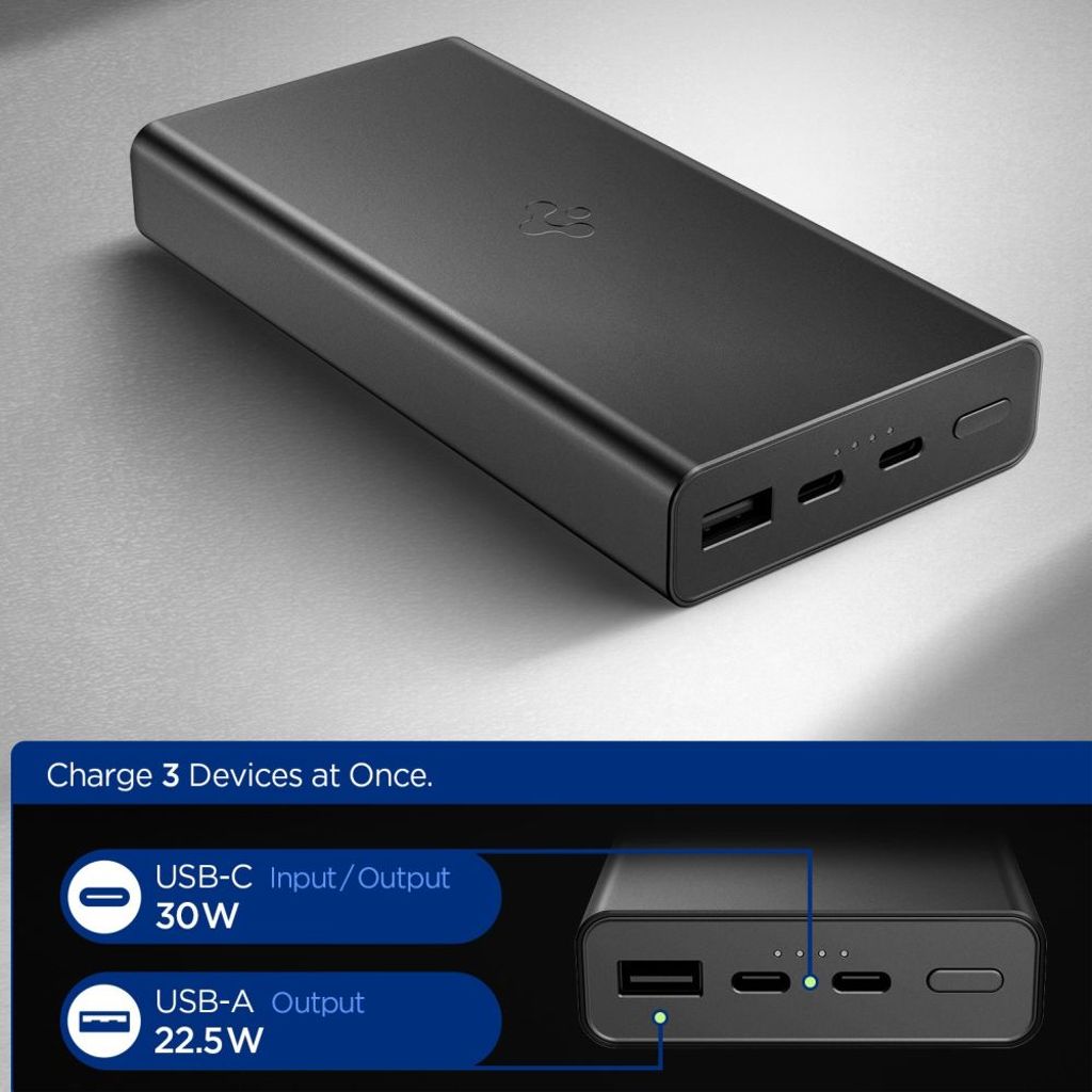 Spigen EA3020 powerbank 20000mAh 30W med USB-C-kabel – svart