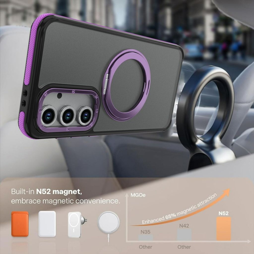 Samsung Galaxy S26 FE-deksel med magnetisk ring og stativ – lilla