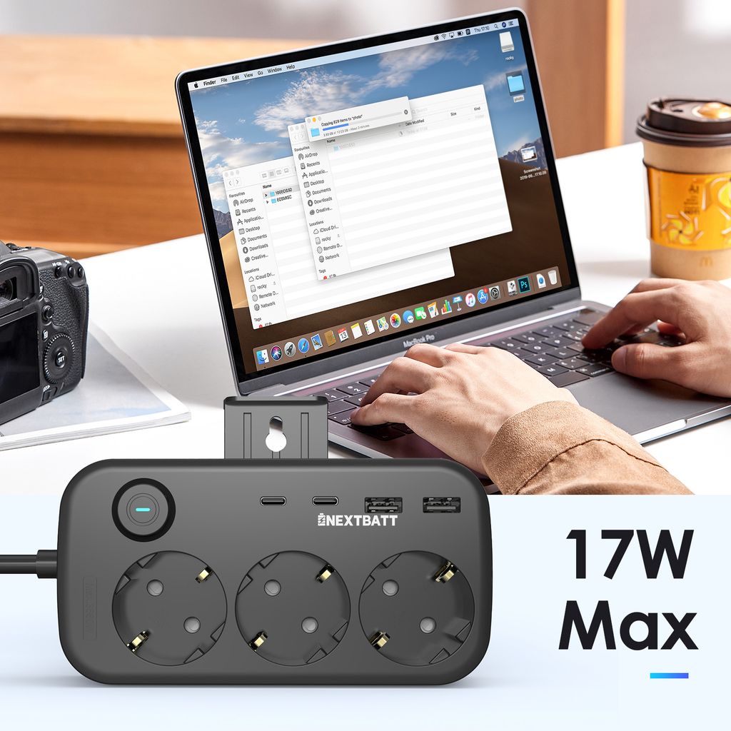 NEXTBATT Forgreningsskinne 3 stikkontakter 230V/2x USB-A/2x USB-C, 150cm