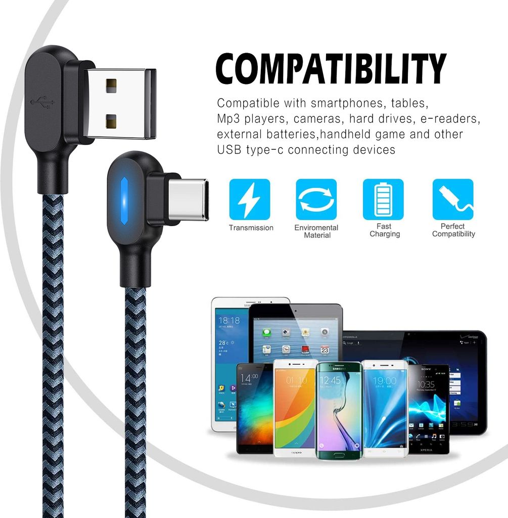 SIGN vinklet USB-C-kabel med LED-indikator 2.1A, 12W, 1m - Sort