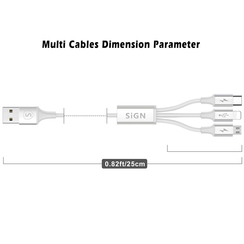 Valkoinen SiGN 3-i-1 Lightning, USB-C, Micro-USB palmikko 5V, 3A - 0,25m 