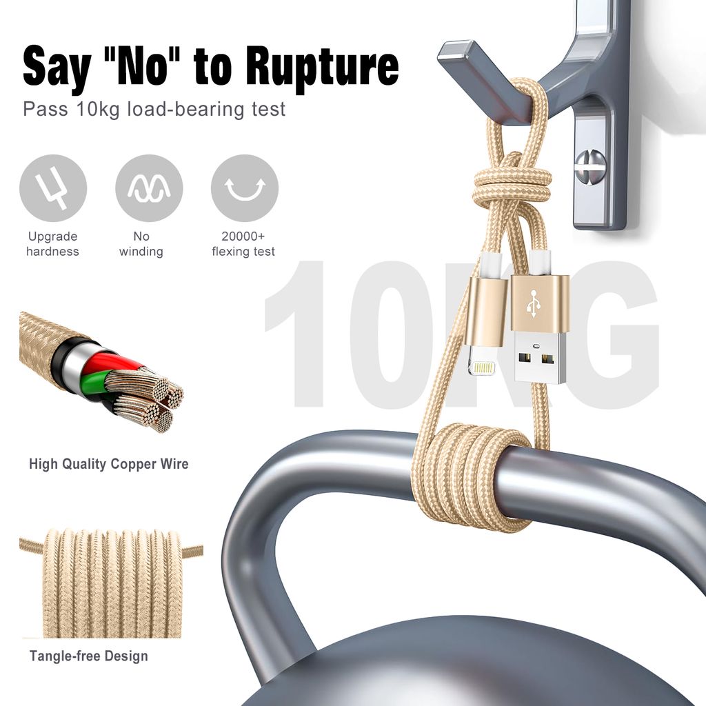 SiGN USB-kaapeli Lightning 2,4A:lla, iPhonelle ja iPadille, 1m - Kulta/Nylon