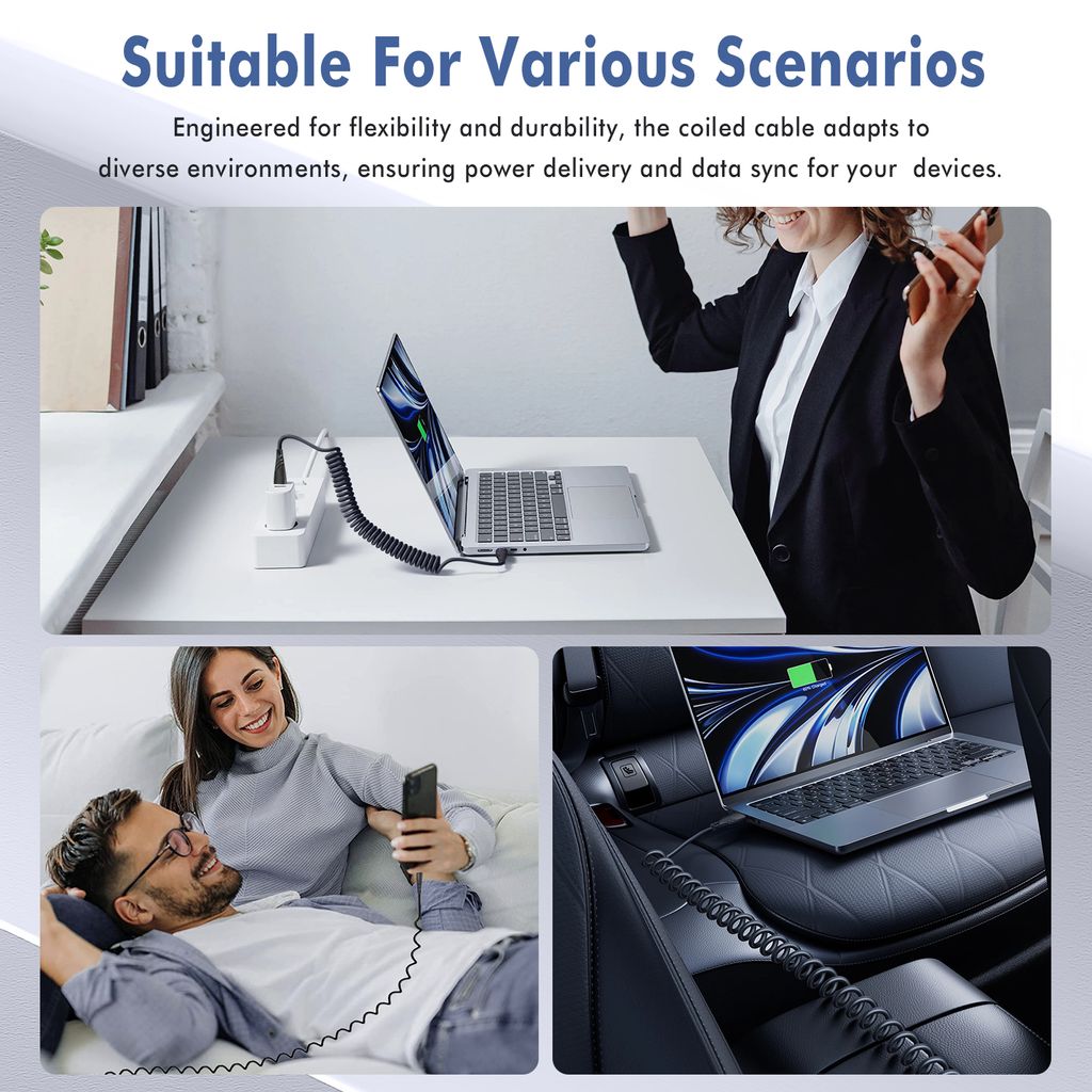 SiGN 60W spiralformet USB-C til USB-C hurtigopladningskabel til bil – sort
