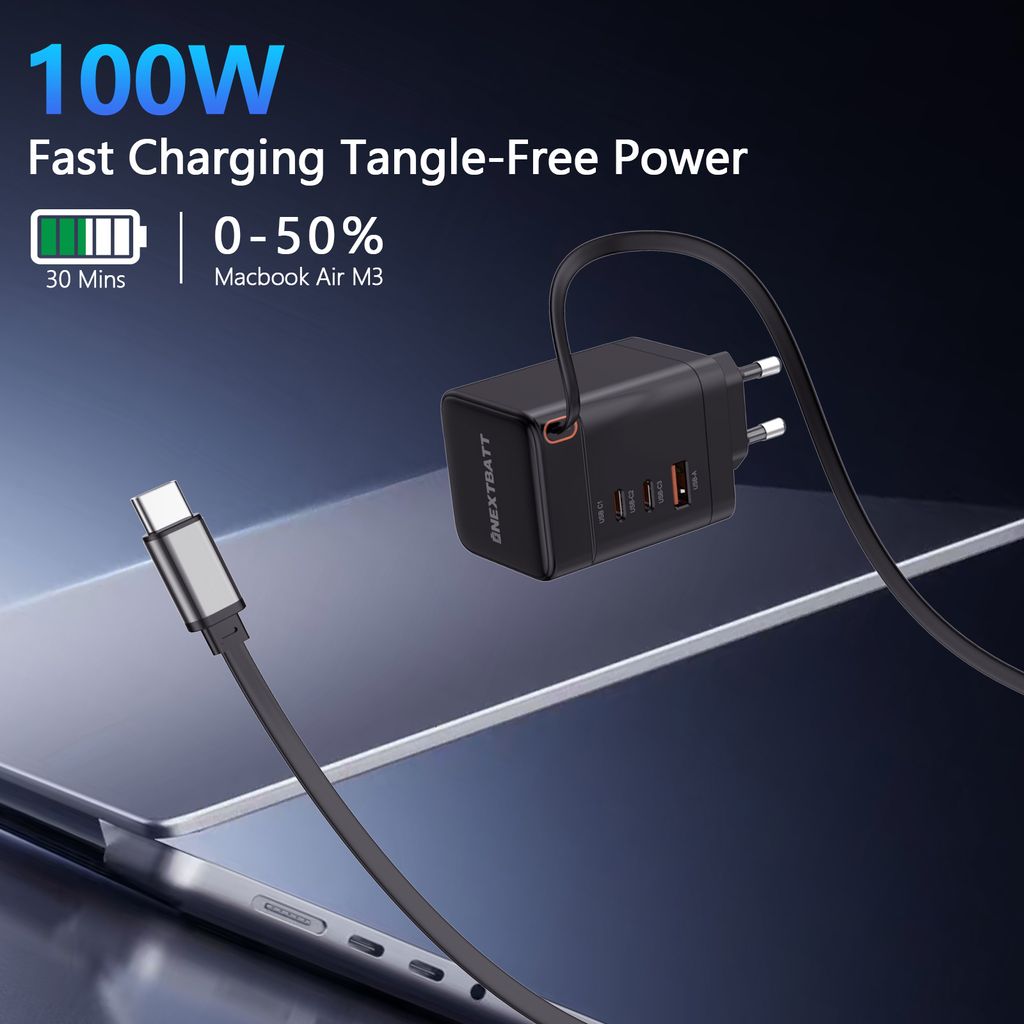 NEXTBATT 100W GAN snabbladdare med utdragbar USB-C-kabel – Svart