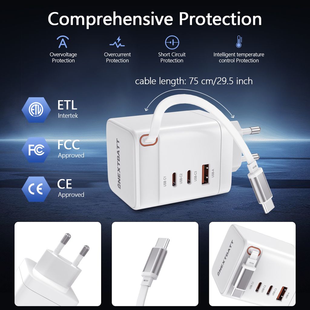 SiGN 100W GAN snabbladdare med utdragbar USB-C-kabel – Vit