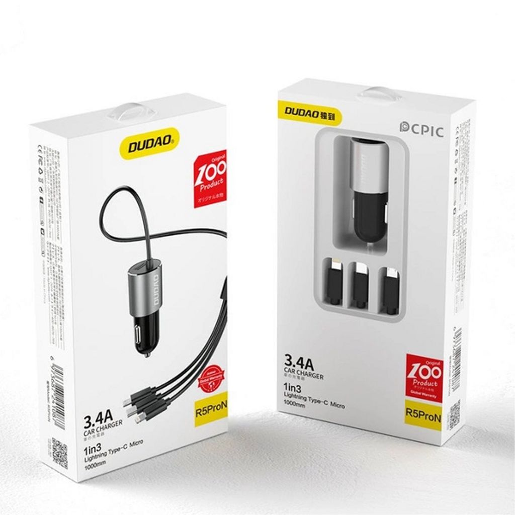 Dudao 3in1 USB-A billaddare med inbyggd Lightning/ USB-C/ mikro-USB-kabel
