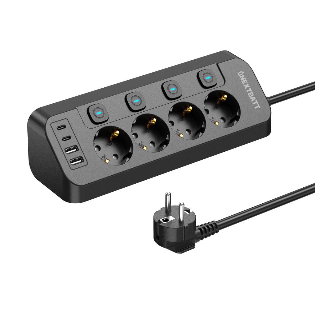 NEXTBATT Snabbladdning Grenuttag 4-vägs/USB-A/USB-C – svart