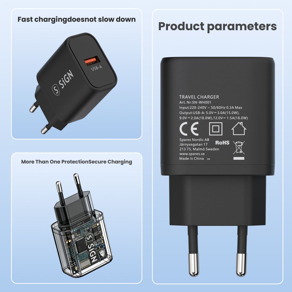 SiGN Hurtigoplader USB-C/USB-A QC 3.0, 20W, 3A - Sort
