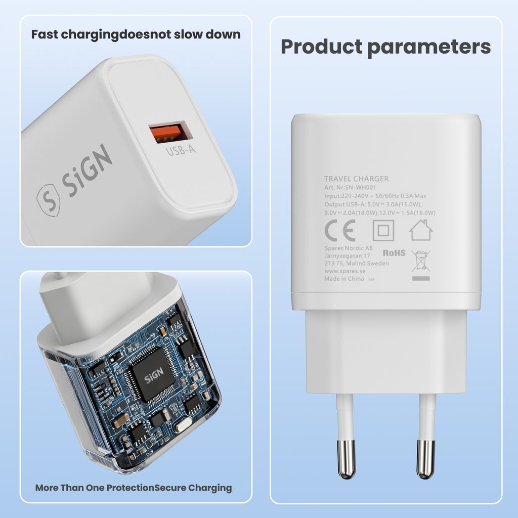 SiGN Snabbladdare USB-A QC 3.0, 18W, 3A - Vit