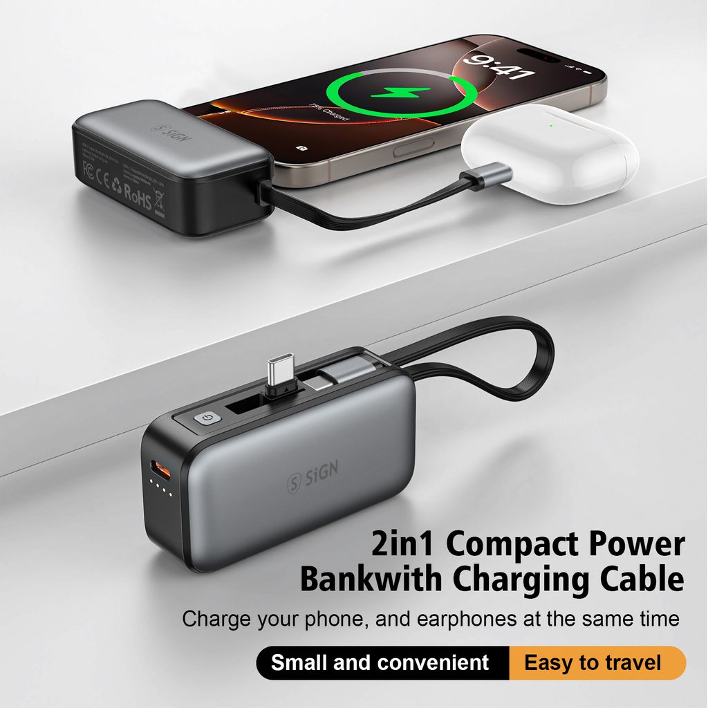 SiGN 5000mAh Powerbank Snabbladdning med Inbyggd USB-C-kabel