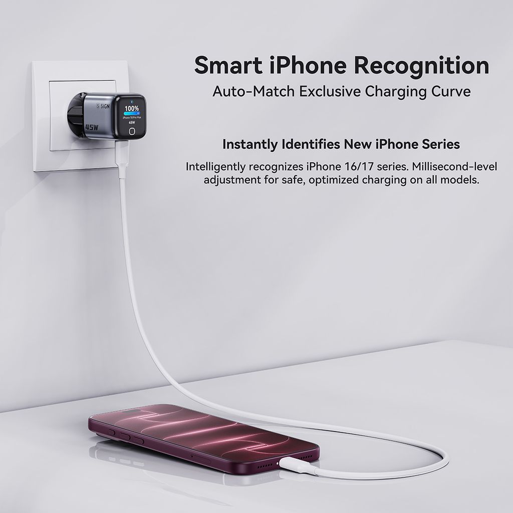 SiGN 45W Snabbladdare med Display – 2x USB-C - Grå