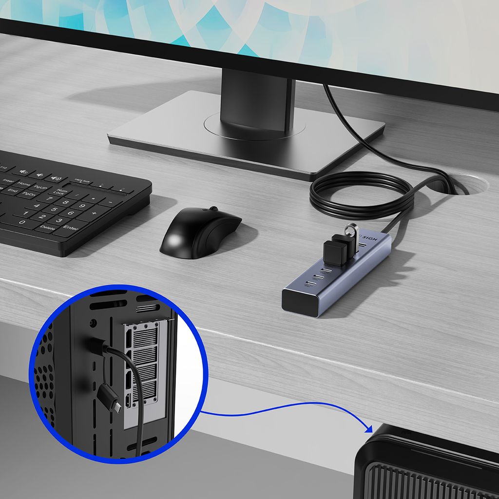 SiGN 7-i-1 USB-hub 4x USB-A / 3x USB-C, 1,2 m