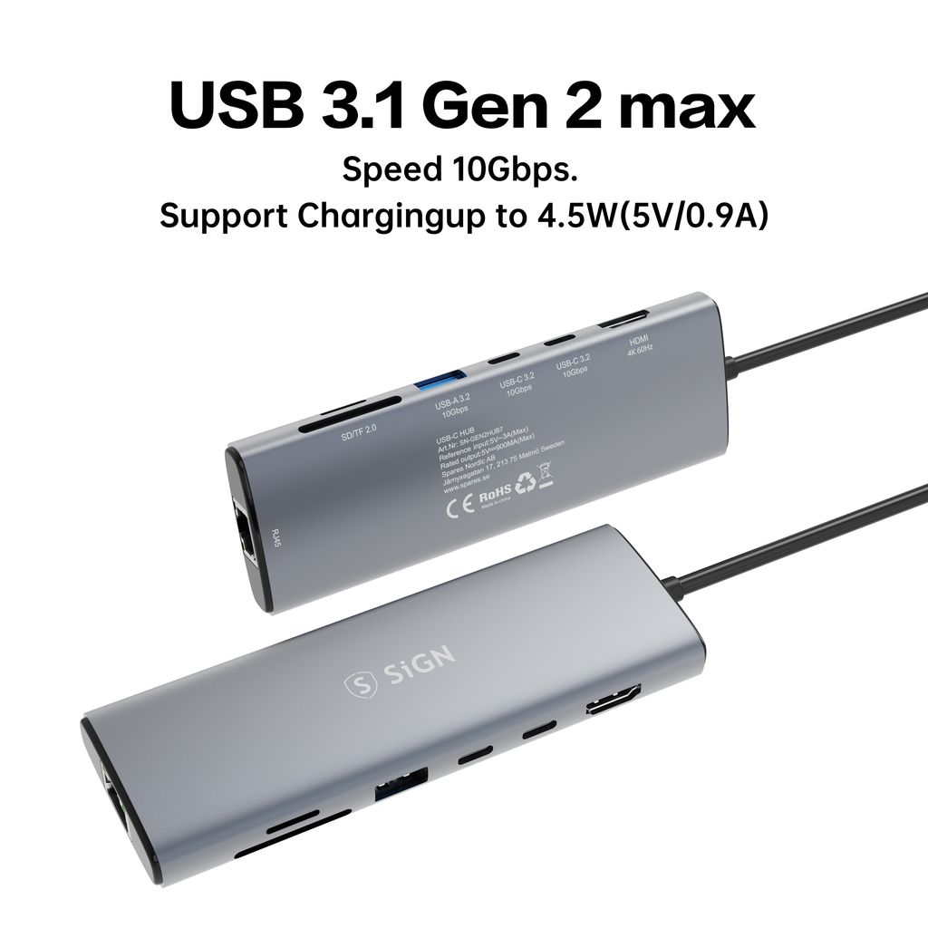 SiGN 7-i-1-hub USB-C til USB-A / 2x USB-C / HDMI 4K@60Hz / RJ45 / SD / TF