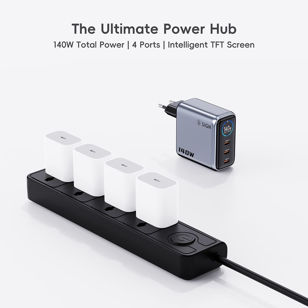 SiGN 140W Snabbladdare med Smart Display – 3x USB-C / 1x USB-A - Grå