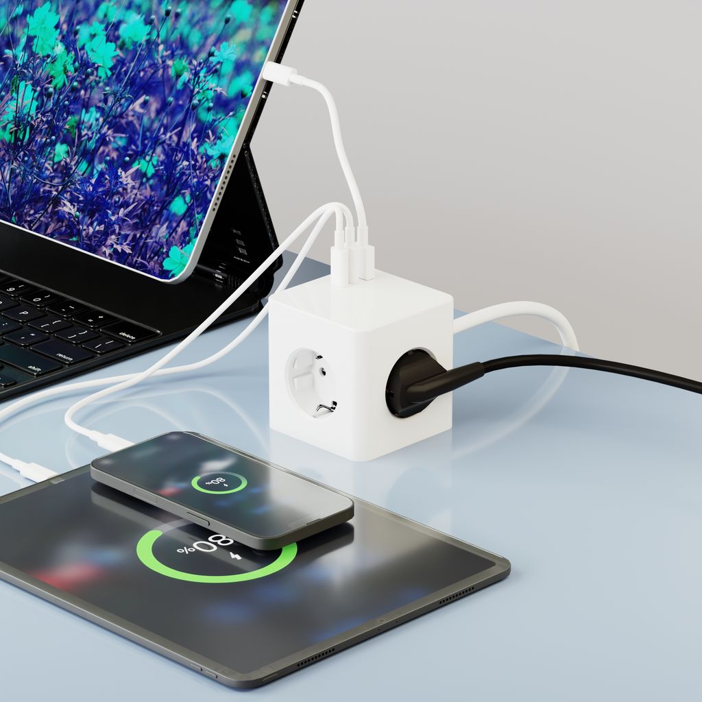 SiGN PowerCombo Cube Wall Charger 3680w, 2x USB-C, 1x USB-A, 3x AC, 16A - 20W, White