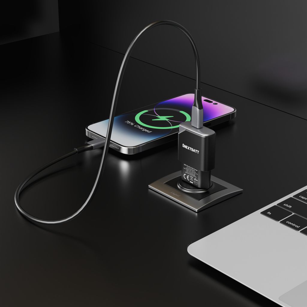 NEXTBATT GaN 30W slank vegglader USB-C – svart/grå